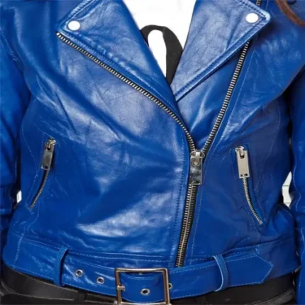 Women Blue 100% Genuine Lambskin Leather Biker Jacket