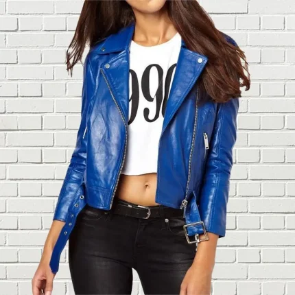 Women Blue 100% Genuine Lambskin Leather Biker Jacket