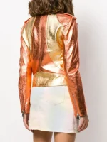 Women Orange and Gold Two Tone Metallic Foil Casual Motorcycle Biker Leather Jacket with Two Tone Leather Petite Belt