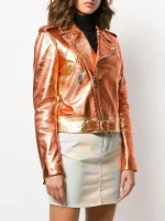 Women Orange and Gold Two Tone Metallic Foil Casual Motorcycle Biker Leather Jacket with Two Tone Leather Petite Belt