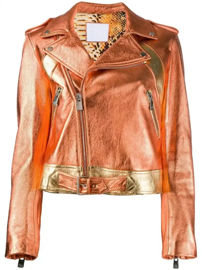 Women Orange and Gold Two Tone Metallic Foil Casual Motorcycle Biker Leather Jacket with Two Tone Leather Petite Belt