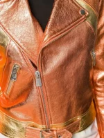 Women Orange and Gold Two Tone Metallic Foil Casual Motorcycle Biker Leather Jacket with Two Tone Leather Petite Belt