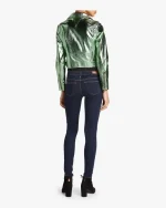 Women’s Green Metallic Foil Biker Leather Jacket, Women’s Green Leather Jacket, Green Metallic Foil Leather Jacket for Women