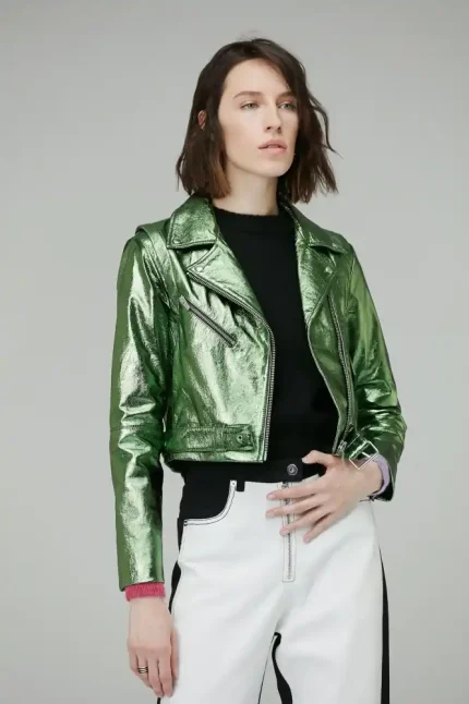 Women’s Green Metallic Foil Biker Leather Jacket, Women’s Green Leather Jacket, Green Metallic Foil Leather Jacket for Women