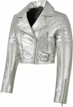 Womens Metallic Silver Short Body Cropped Motorcycle Foiled Leather Biker Jacket