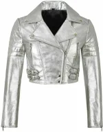 Womens Metallic Silver Short Body Cropped Motorcycle Foiled Leather Biker Jacket