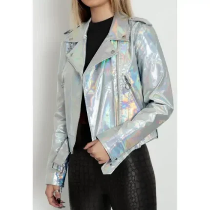 Women’s Silver Holographic Foil Slim Fit Motorcycle Biker Leather Jacket, Women’s Silver Leather Jacket, White Leather Jacket for Women