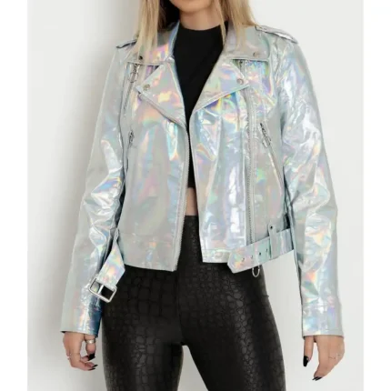 Women’s Silver Holographic Foil Slim Fit Motorcycle Biker Leather Jacket, Women’s Silver Leather Jacket, White Leather Jacket for Women